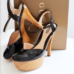Pre🥰 Gucci Black Platform Wood Heels Ankle Strap